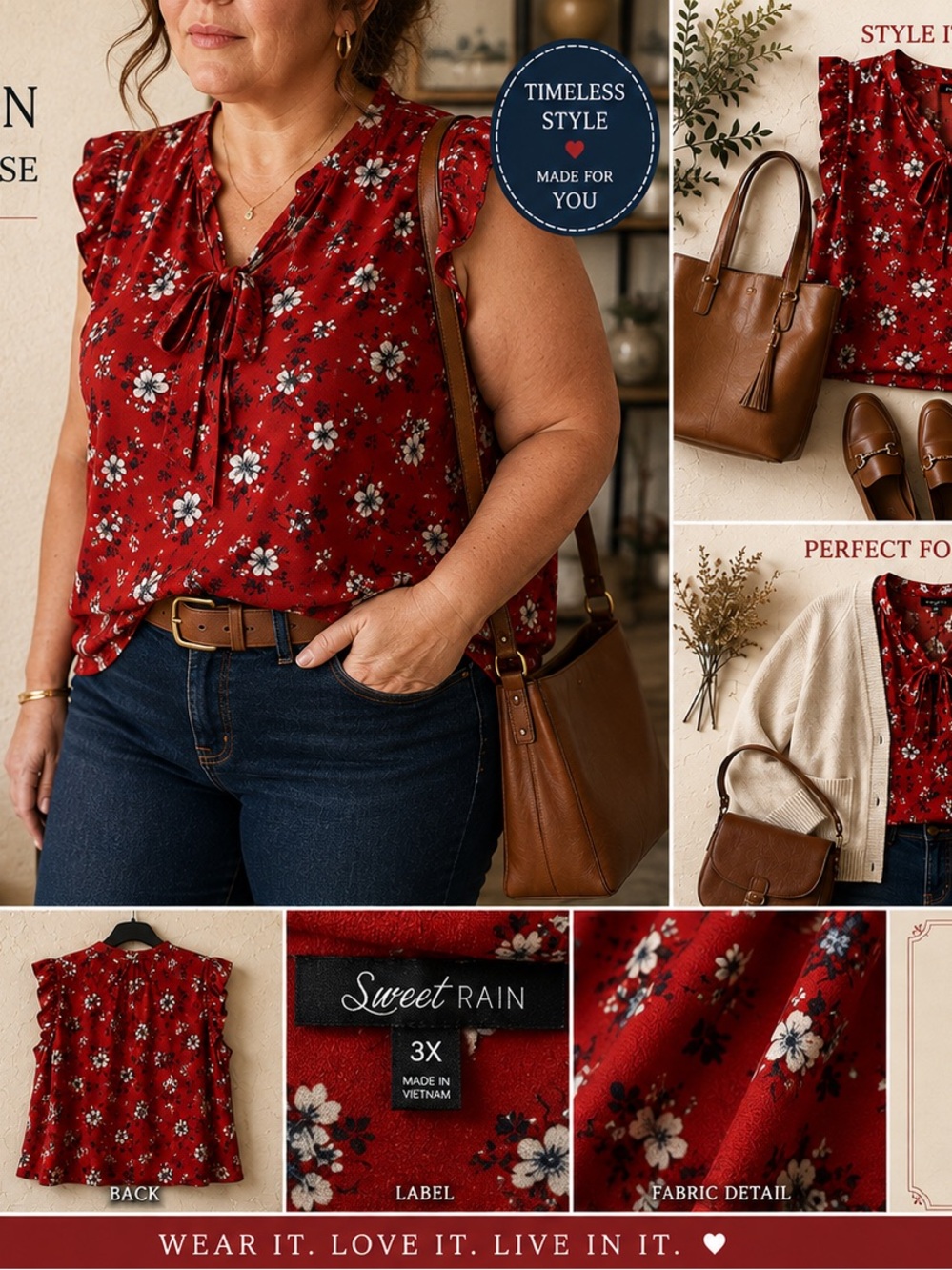 Sweet Rain Red Floral Tie-Neck Sleeveless Blouse